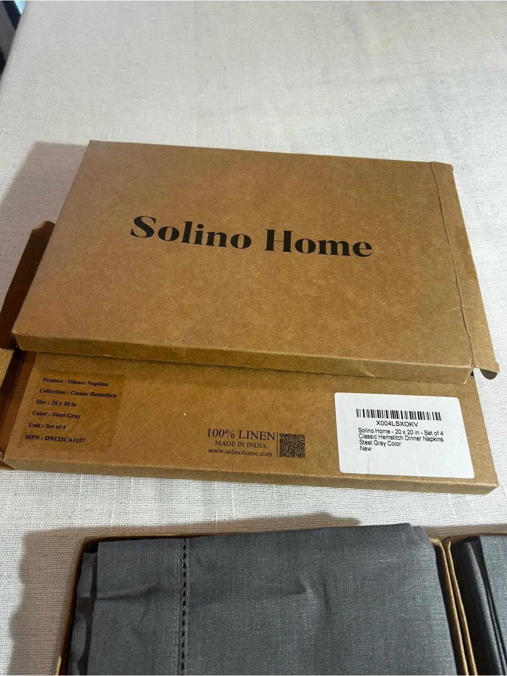 New Solino Home 100% Linen Classic Hemstitch Dinner Napkins – Grey (2 sets of 4)